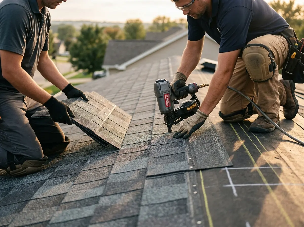Professional roofer working on a residential roof in Highland Springs